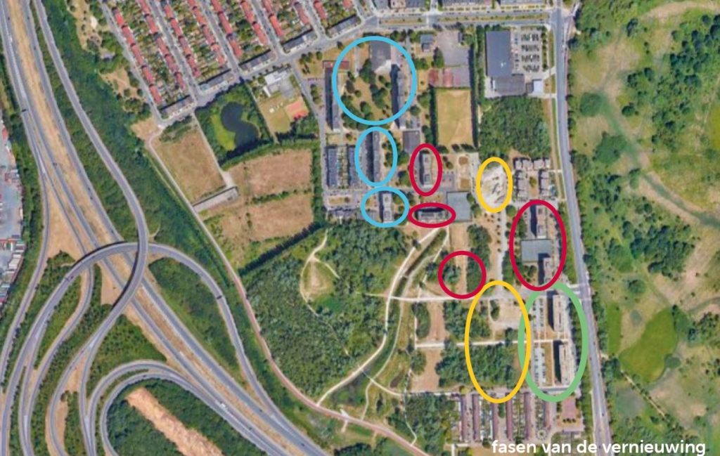 fasen aangeduid op luchtfoto wijk Rozemaai