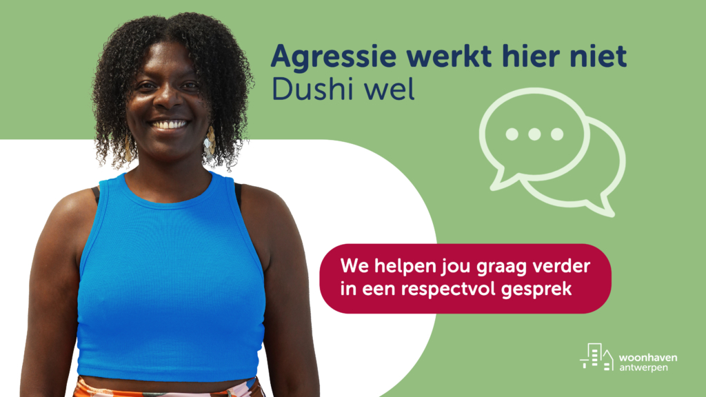 campagnebeeld met een medewerker van Woonhaven, waarin huurders en kandidaten opgeroepen worden respectvol te zijn in hun omgang met medewerkers
