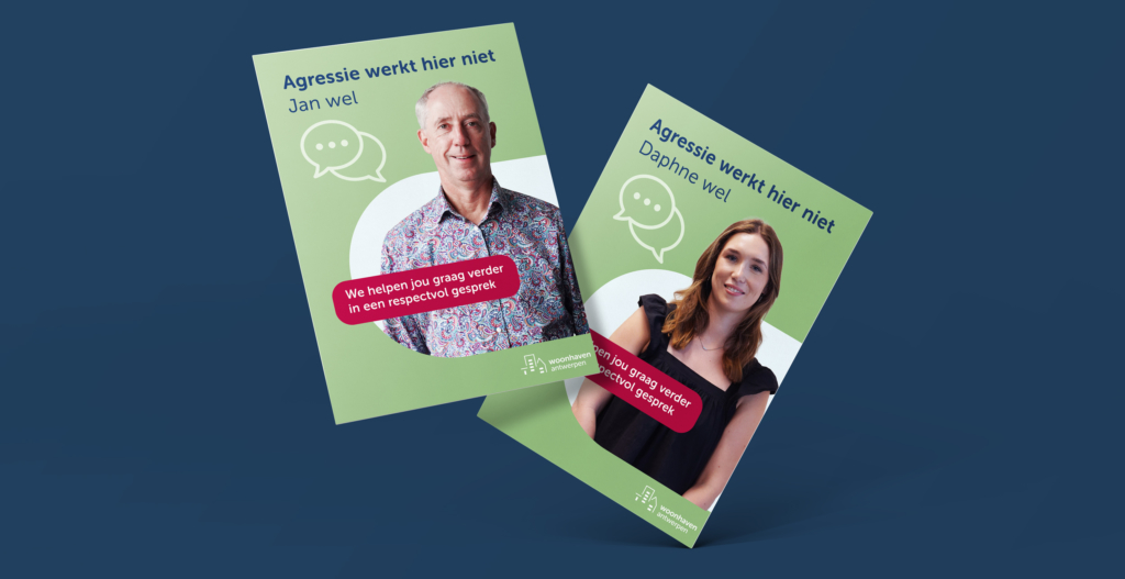 voorbeeld van twee flyers met medewerkers van Woonhaven